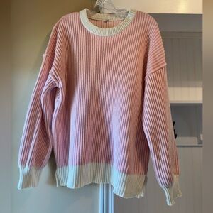 Cozy Pink and White Crew Neck Sweater with Ribbed Knit